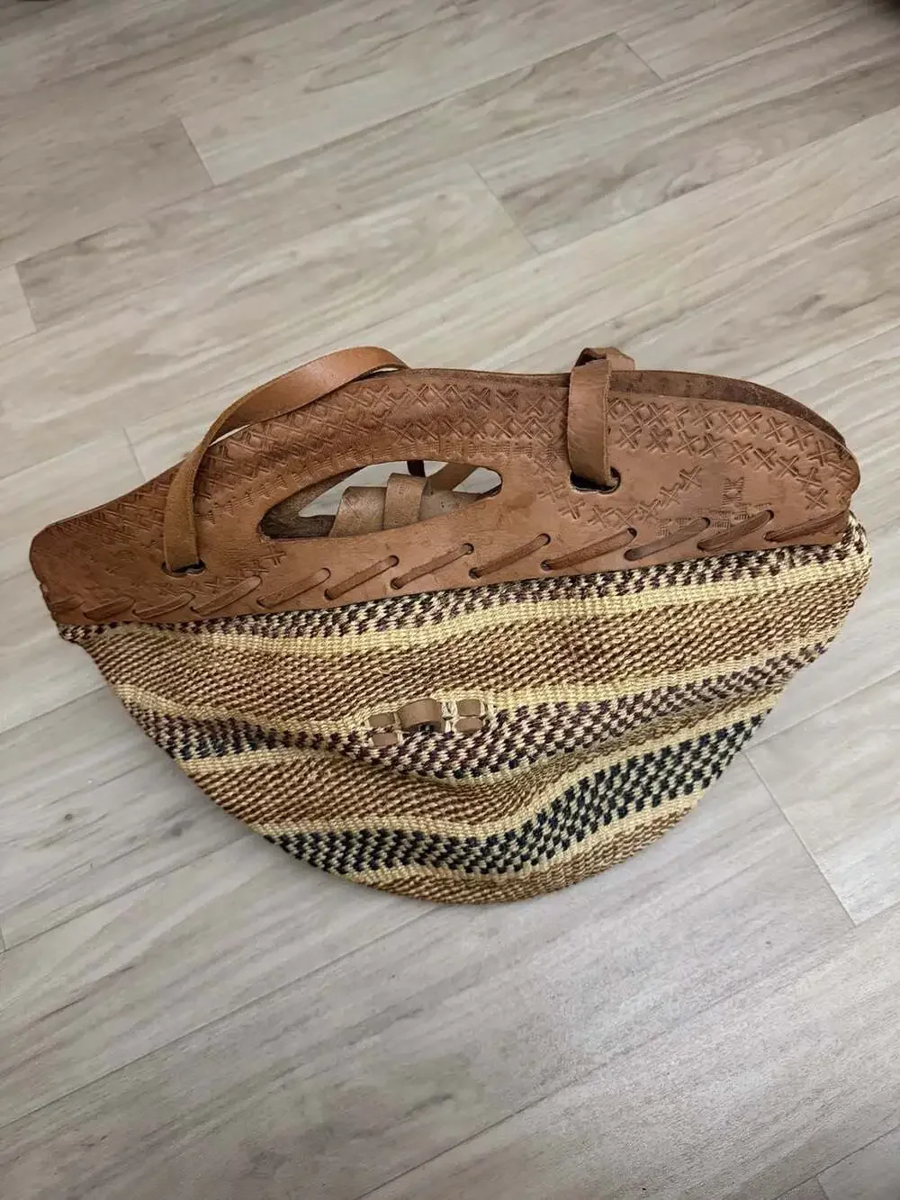 Vintage Handwoven Sisal and Tooled Leather Boho Market Tote Bag